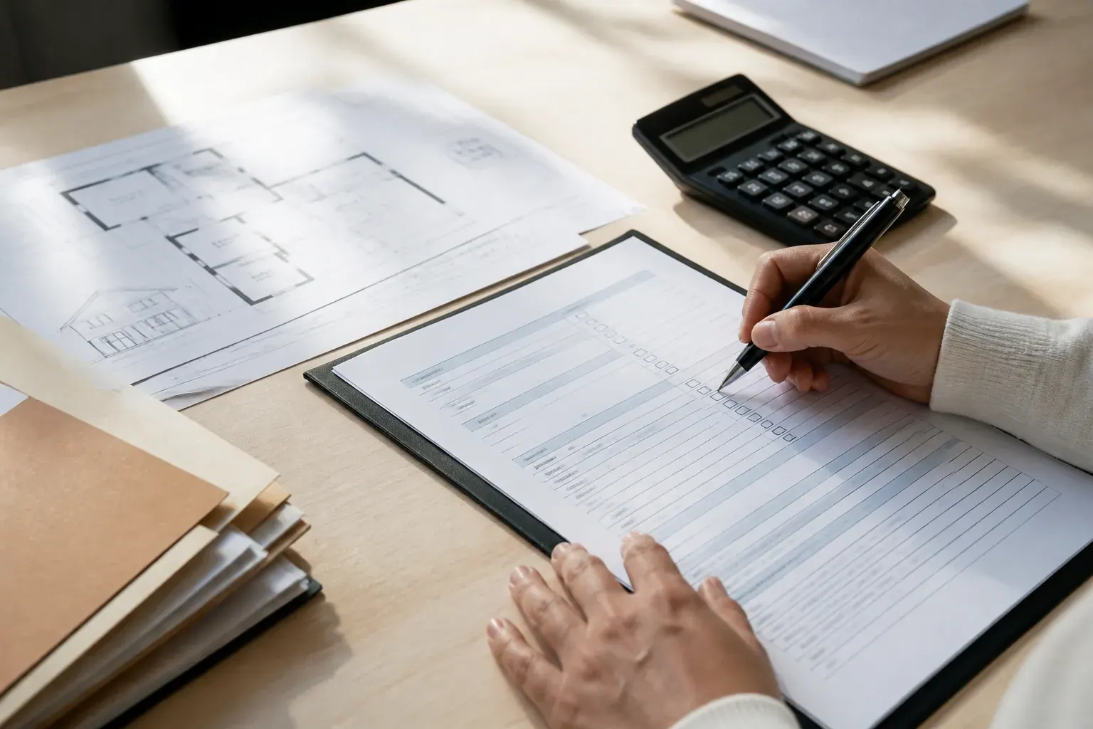 Dossier d’aide à la rénovation rempli au stylo sur une table, plan d’appartement et calculatrice à côté