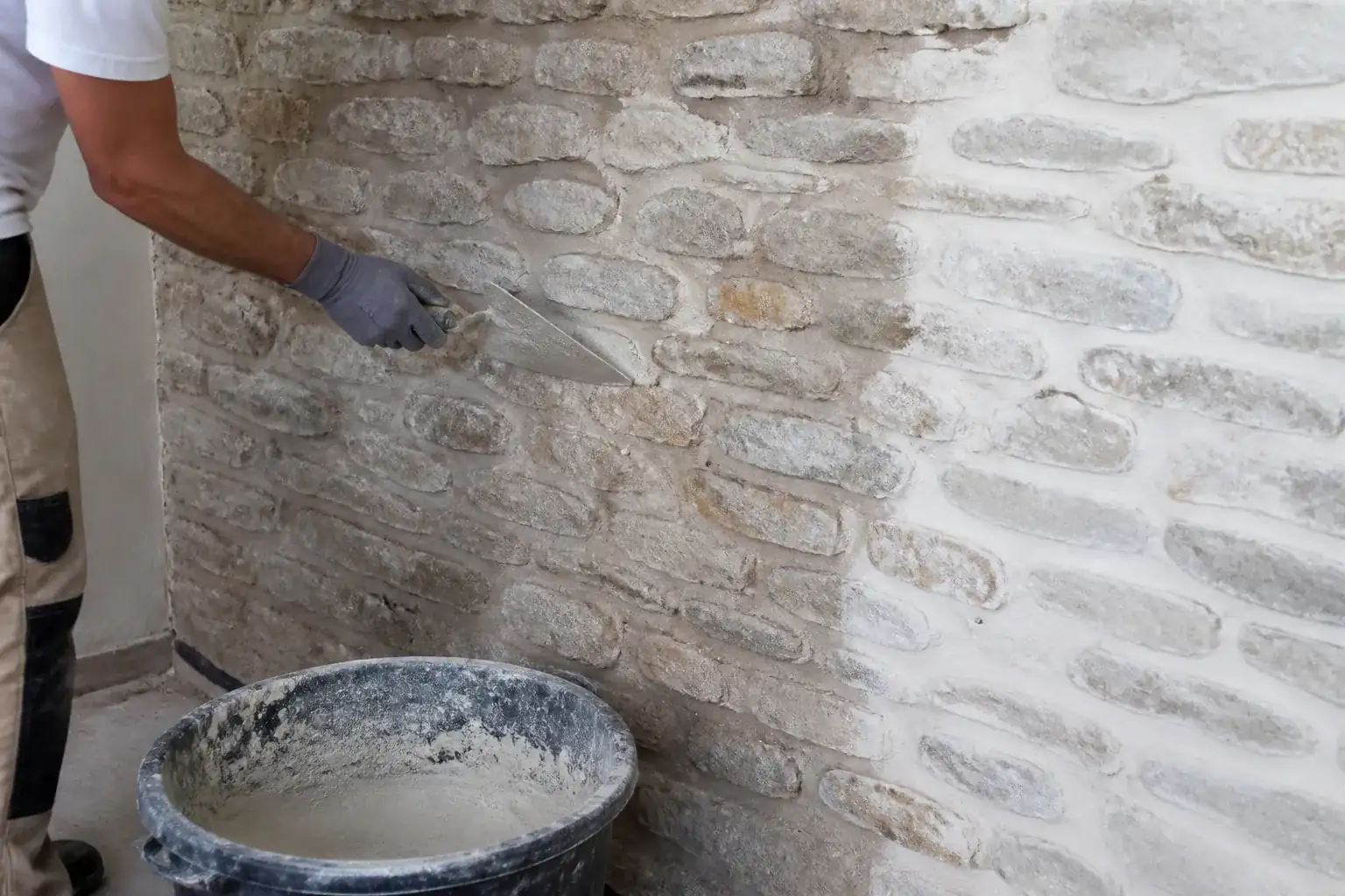Maçon reprenant à la truelle les joints à la chaux d’un mur de pierre intérieur, bande de droite déjà brossée