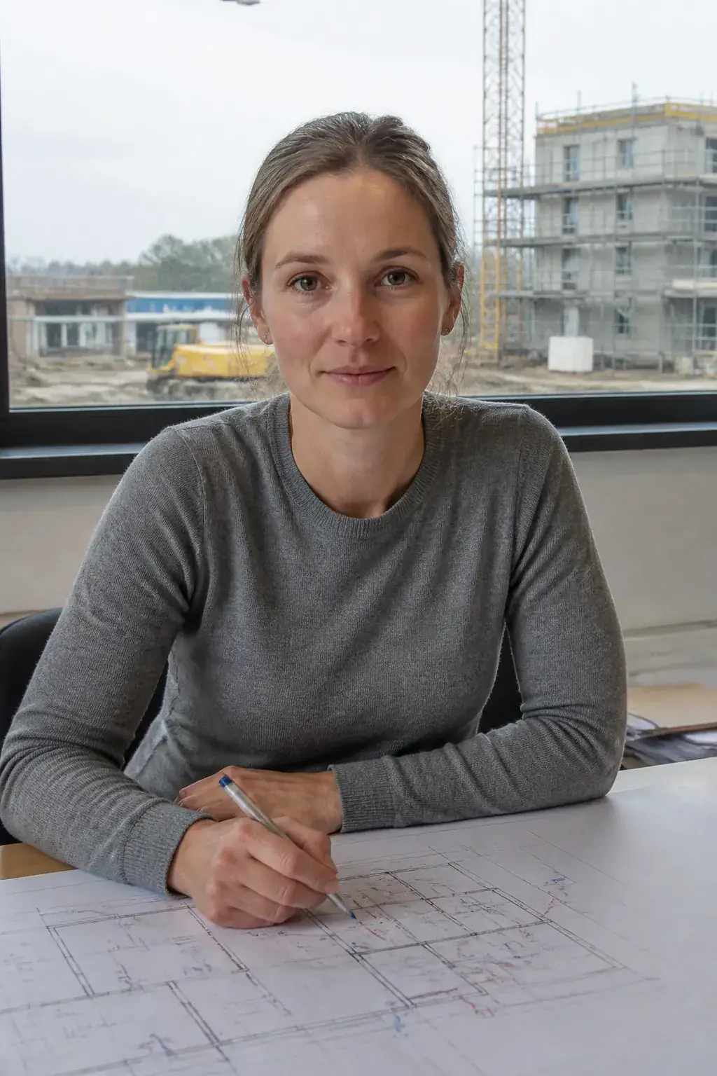 Élodie, chargée d’études, devant un plan d’appartement annoté au crayon