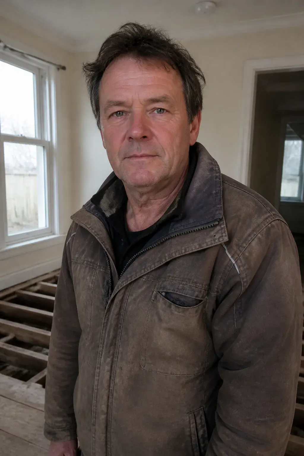 Stéphane, référent second œuvre, près d’un plancher bois ancien partiellement déposé