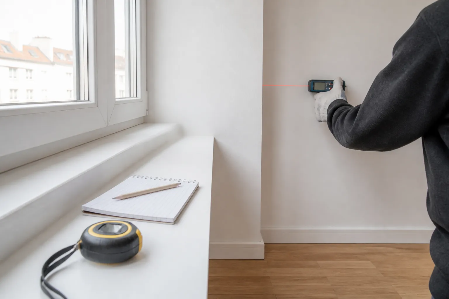 Artisan relevant une cote au télémètre laser dans un appartement vide, carnet de relevé posé sur l’appui de fenêtre