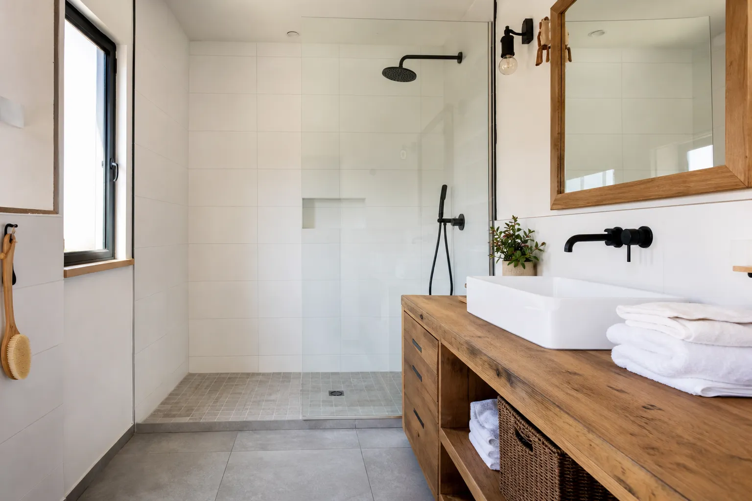 Salle de bain rénovée, douche à l’italienne carrelée et meuble vasque en bois massif